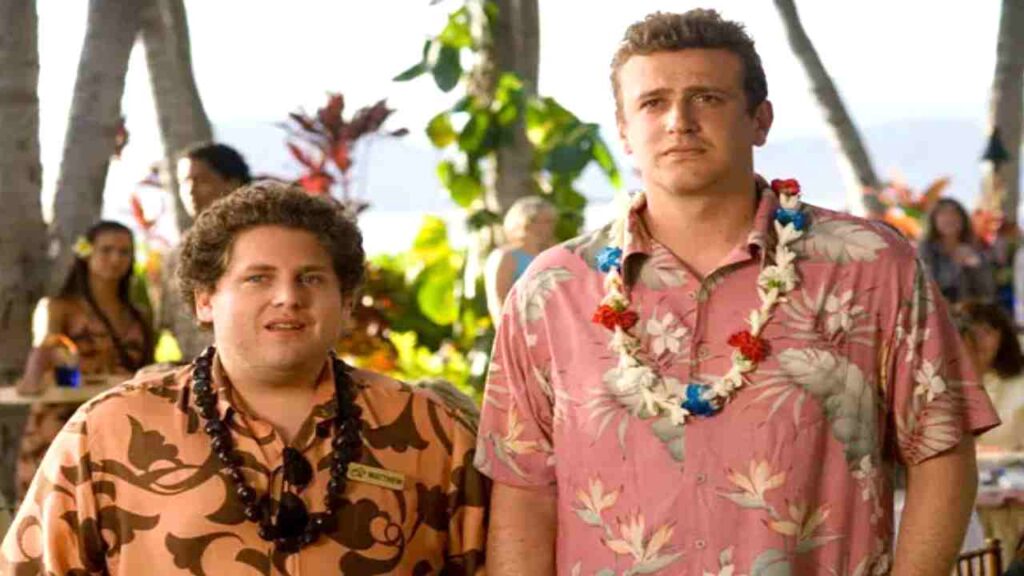 Forgetting Sarah Marshall Jason Segel as Peter Bretter and Jonah Hill as Matthew.  Movies and TV series Coming To Netflix in October 2023.